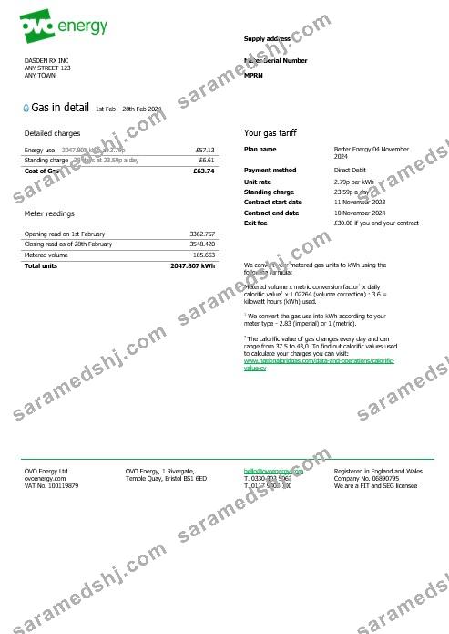 United Kingdom Ovo Energy business utility bill, Word and PDF template